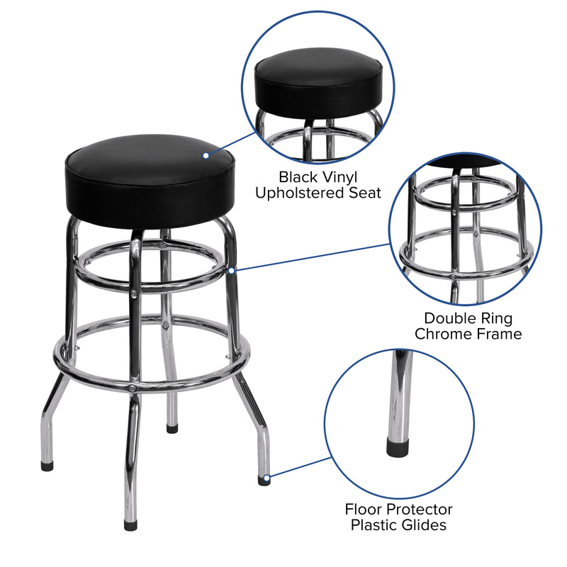 Double Ring Chrome Barstool with Black Seat