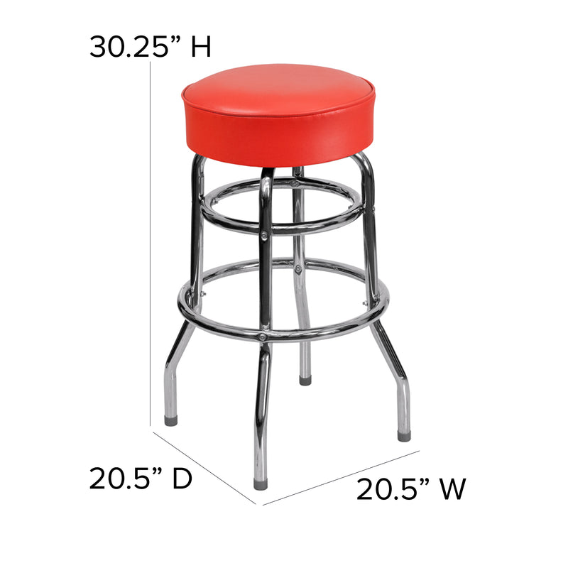 Double Ring Chrome Barstool with Red Seat