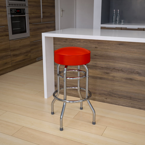 Double Ring Chrome Barstool with Red Seat