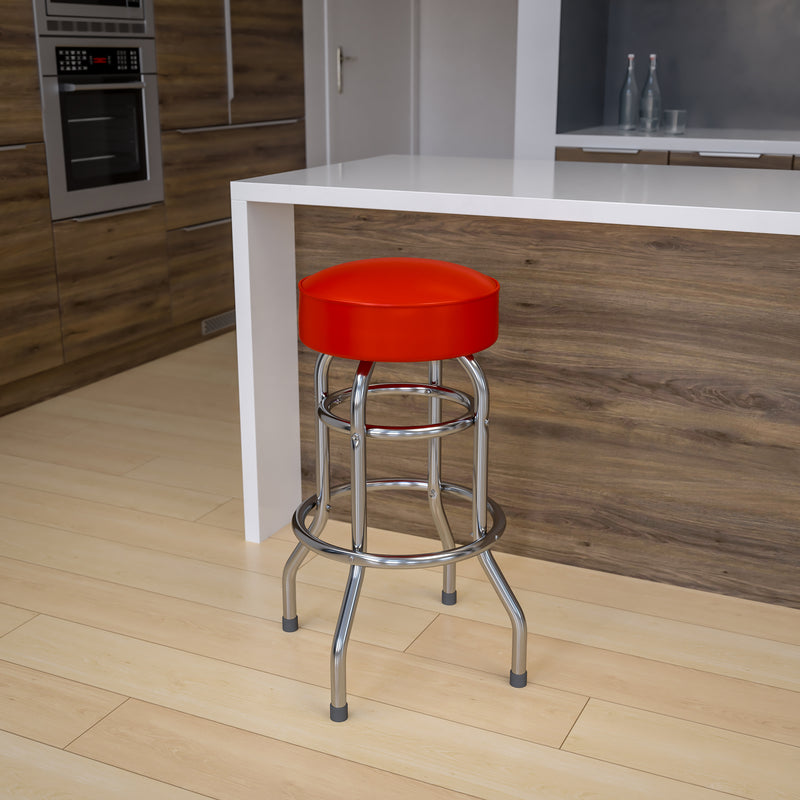 Double Ring Chrome Barstool with Red Seat