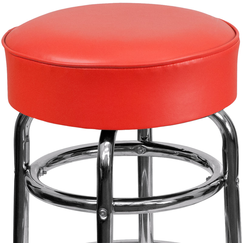 Double Ring Chrome Barstool with Red Seat