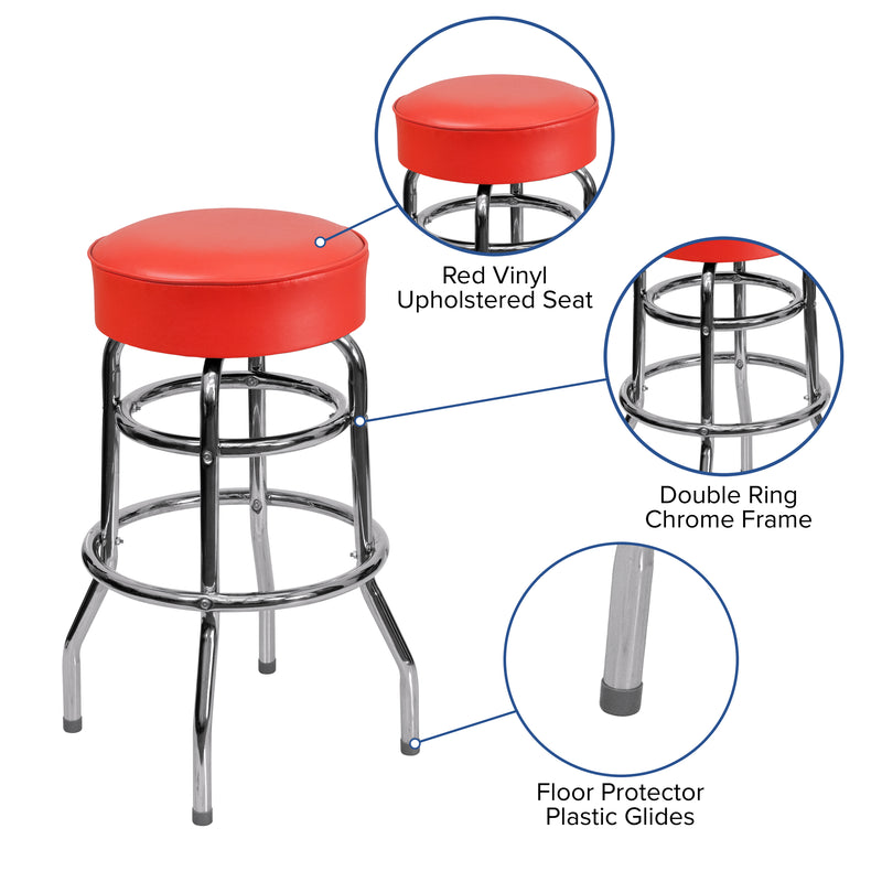 Double Ring Chrome Barstool with Red Seat