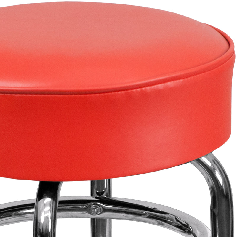 Double Ring Chrome Barstool with Red Seat