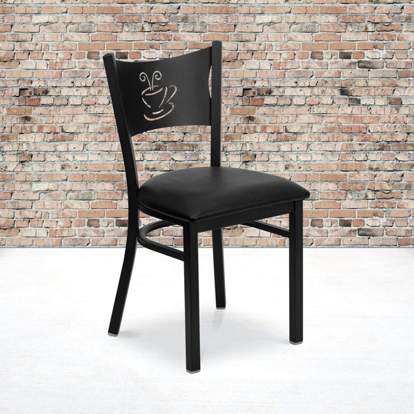 SINGLEWAVE Series Black Coffee Back Metal Restaurant Chair - Black Vinyl Seat