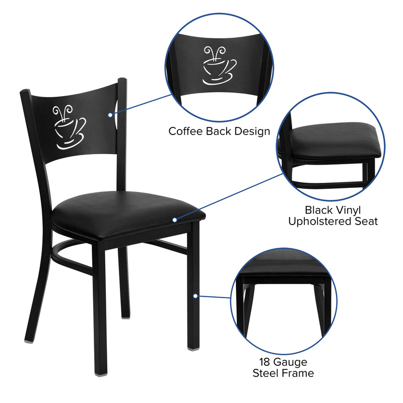 SINGLEWAVE Series Black Coffee Back Metal Restaurant Chair - Black Vinyl Seat