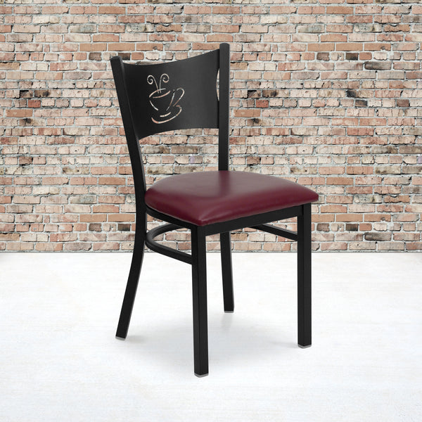 SINGLEWAVE Series Black Coffee Back Metal Restaurant Chair - Burgundy Vinyl Seat