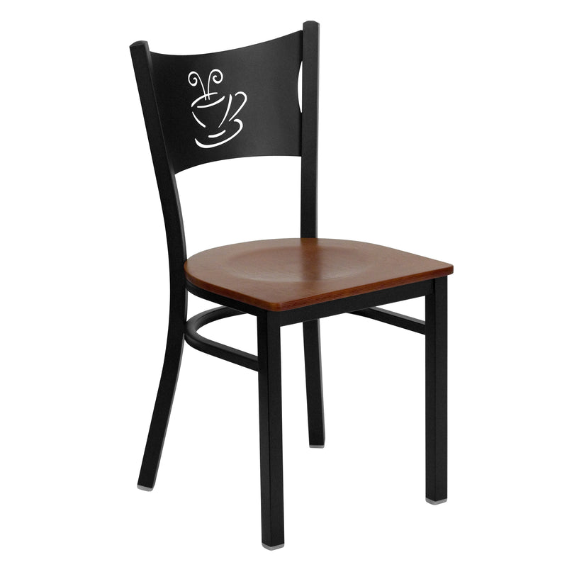 SINGLEWAVE Series Black Coffee Back Metal Restaurant Chair - Cherry Wood Seat