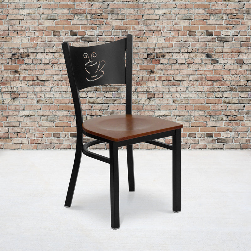 SINGLEWAVE Series Black Coffee Back Metal Restaurant Chair - Cherry Wood Seat