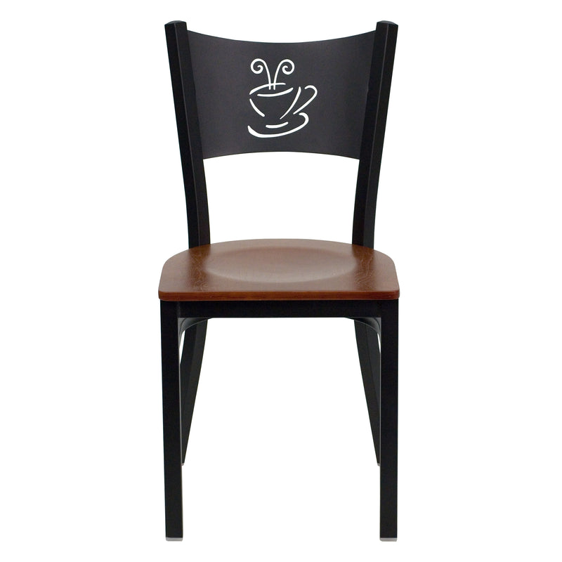 SINGLEWAVE Series Black Coffee Back Metal Restaurant Chair - Cherry Wood Seat