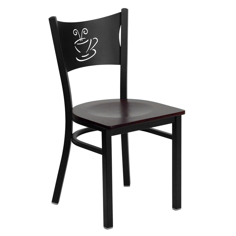 SINGLEWAVE Series Black Coffee Back Metal Restaurant Chair - Mahogany Wood Seat