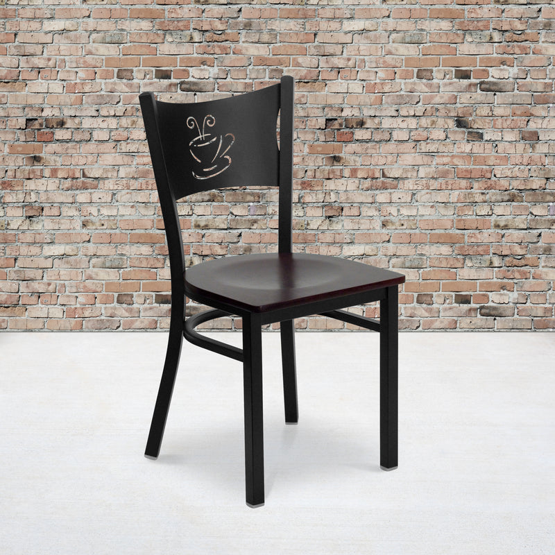 SINGLEWAVE Series Black Coffee Back Metal Restaurant Chair - Mahogany Wood Seat