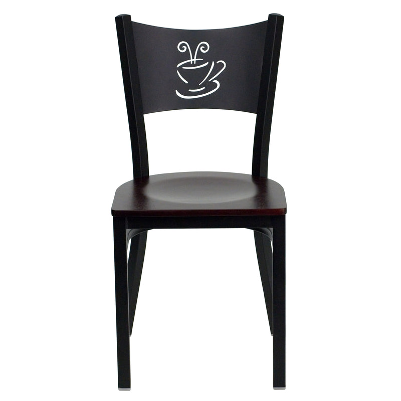 SINGLEWAVE Series Black Coffee Back Metal Restaurant Chair - Mahogany Wood Seat