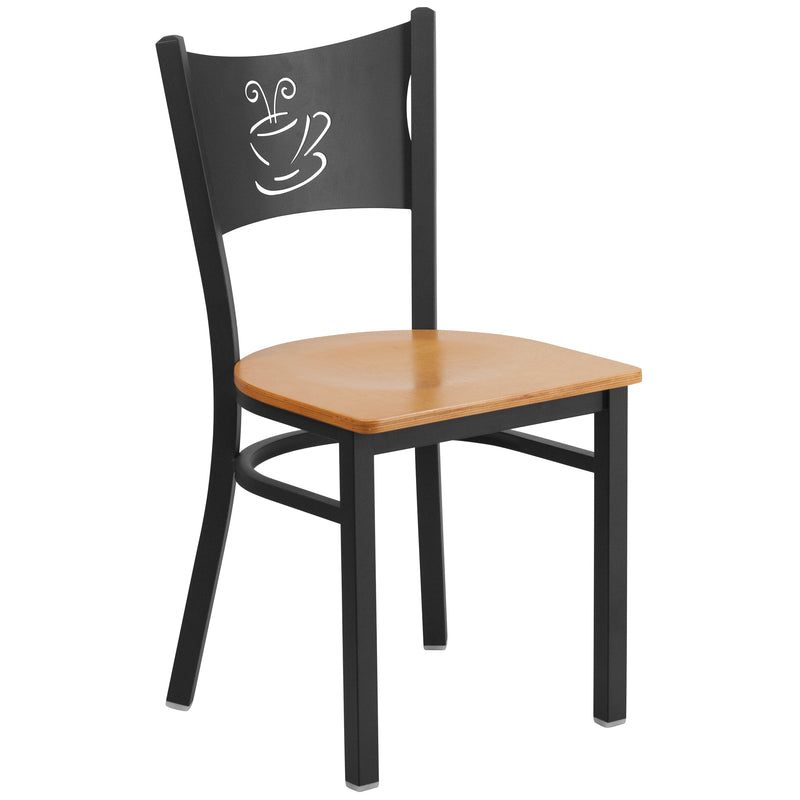 SINGLEWAVE Series Black Coffee Back Metal Restaurant Chair - Natural Wood Seat