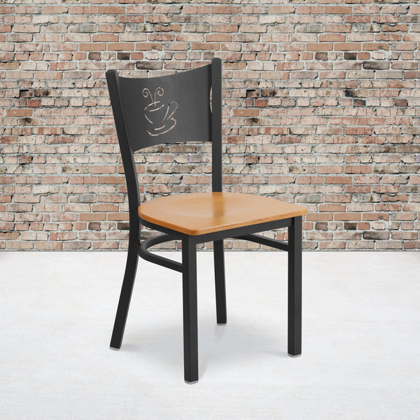 SINGLEWAVE Series Black Coffee Back Metal Restaurant Chair - Natural Wood Seat