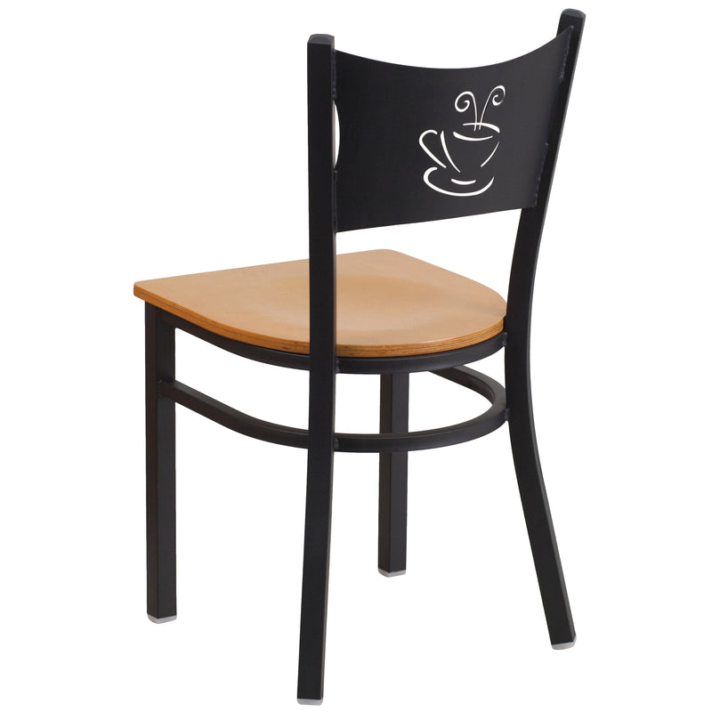 SINGLEWAVE Series Black Coffee Back Metal Restaurant Chair - Natural Wood Seat