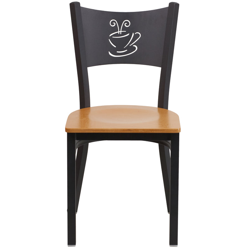 SINGLEWAVE Series Black Coffee Back Metal Restaurant Chair - Natural Wood Seat