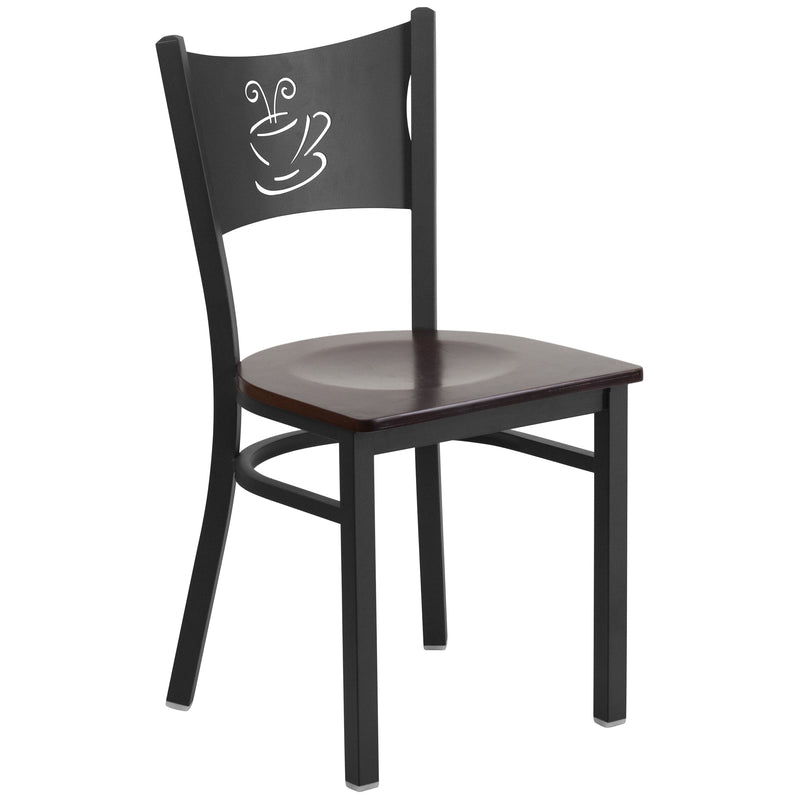 SINGLEWAVE Series Black Coffee Back Metal Restaurant Chair - Walnut Wood Seat