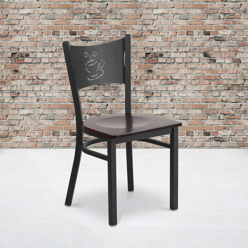 SINGLEWAVE Series Black Coffee Back Metal Restaurant Chair - Walnut Wood Seat