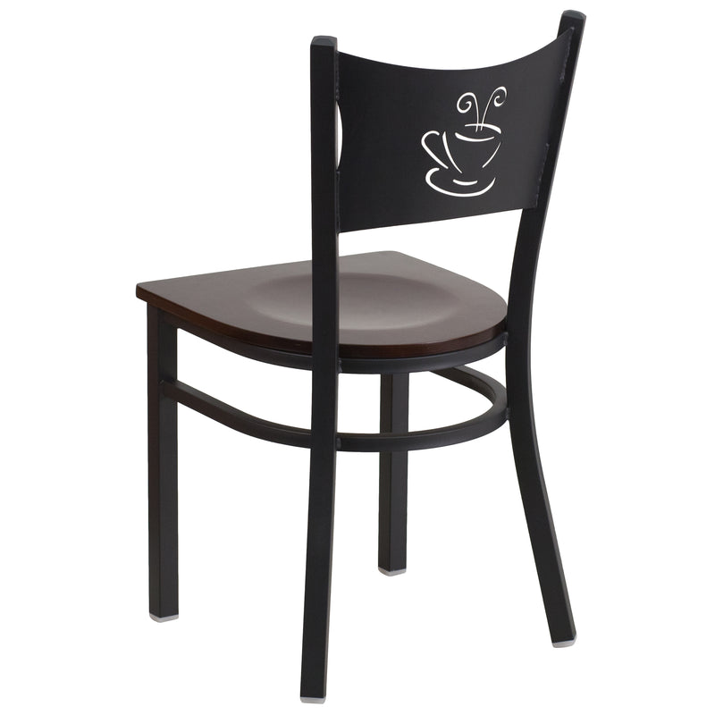 SINGLEWAVE Series Black Coffee Back Metal Restaurant Chair - Walnut Wood Seat