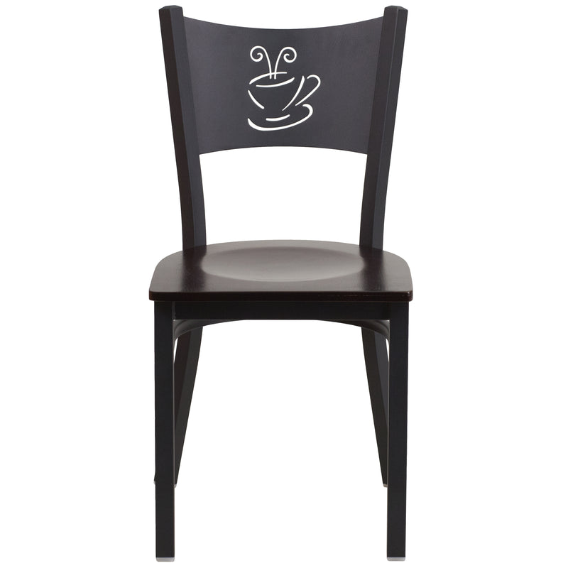 SINGLEWAVE Series Black Coffee Back Metal Restaurant Chair - Walnut Wood Seat