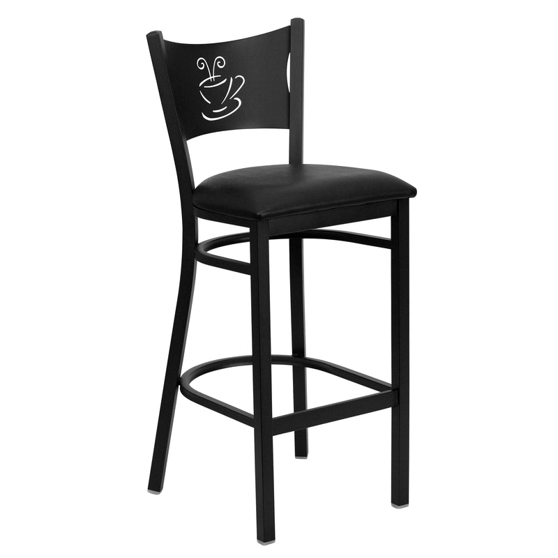 SINGLEWAVE Series Black Coffee Back Metal Restaurant Barstool - Black Vinyl Seat