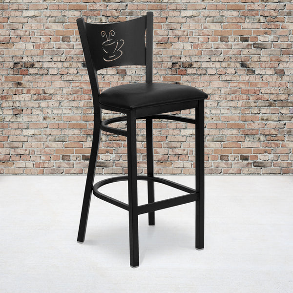 SINGLEWAVE Series Black Coffee Back Metal Restaurant Barstool - Black Vinyl Seat