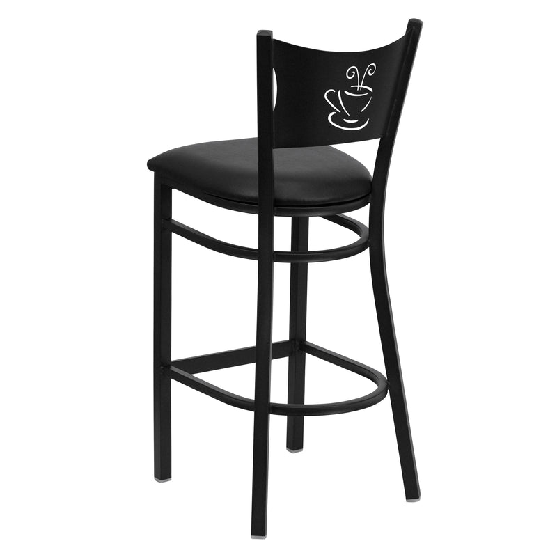 SINGLEWAVE Series Black Coffee Back Metal Restaurant Barstool - Black Vinyl Seat