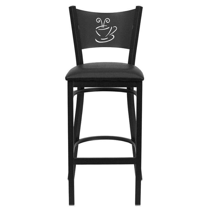 SINGLEWAVE Series Black Coffee Back Metal Restaurant Barstool - Black Vinyl Seat