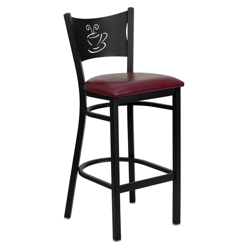 SINGLEWAVE Series Black Coffee Back Metal Restaurant Barstool - Burgundy Vinyl Seat