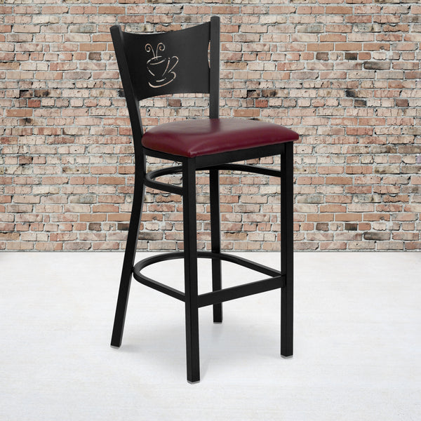 SINGLEWAVE Series Black Coffee Back Metal Restaurant Barstool - Burgundy Vinyl Seat