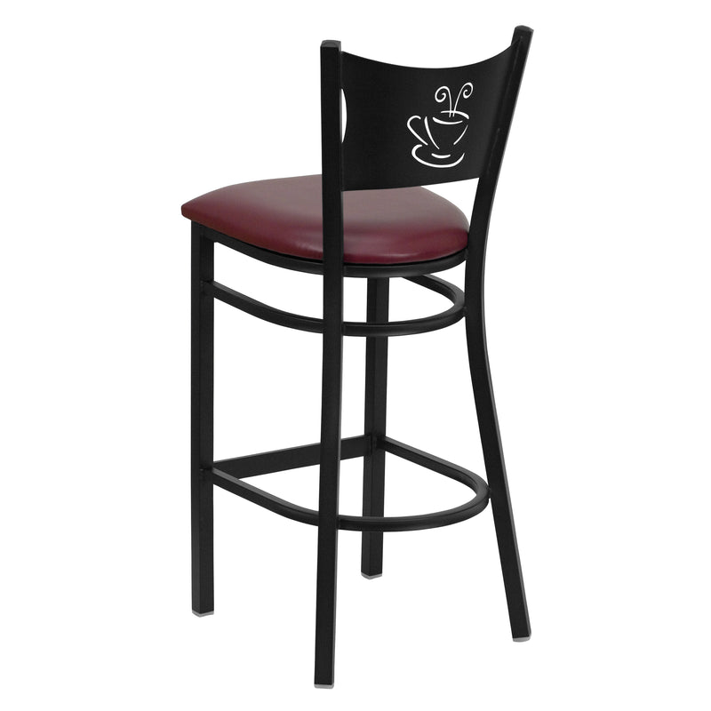 SINGLEWAVE Series Black Coffee Back Metal Restaurant Barstool - Burgundy Vinyl Seat