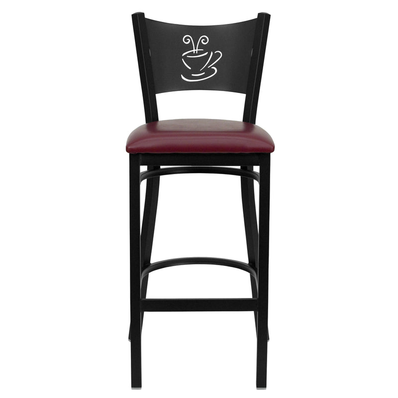 SINGLEWAVE Series Black Coffee Back Metal Restaurant Barstool - Burgundy Vinyl Seat