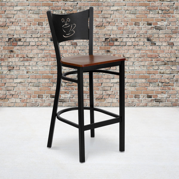 SINGLEWAVE Series Black Coffee Back Metal Restaurant Barstool - Cherry Wood Seat