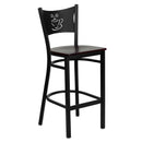 SINGLEWAVE Series Black Coffee Back Metal Restaurant Barstool - Mahogany Wood Seat
