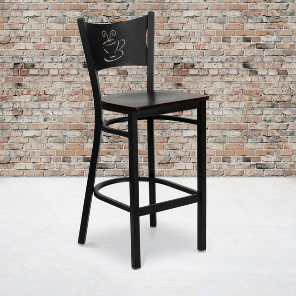 SINGLEWAVE Series Black Coffee Back Metal Restaurant Barstool - Mahogany Wood Seat