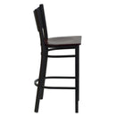 SINGLEWAVE Series Black Coffee Back Metal Restaurant Barstool - Mahogany Wood Seat