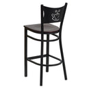 SINGLEWAVE Series Black Coffee Back Metal Restaurant Barstool - Mahogany Wood Seat