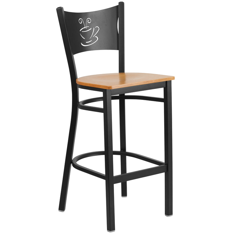 SINGLEWAVE Series Black Coffee Back Metal Restaurant Barstool - Natural Wood Seat