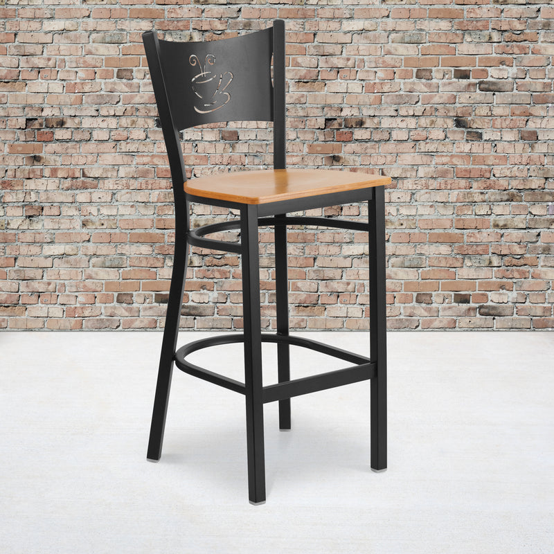 SINGLEWAVE Series Black Coffee Back Metal Restaurant Barstool - Natural Wood Seat