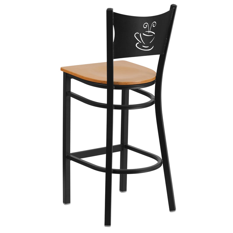 SINGLEWAVE Series Black Coffee Back Metal Restaurant Barstool - Natural Wood Seat