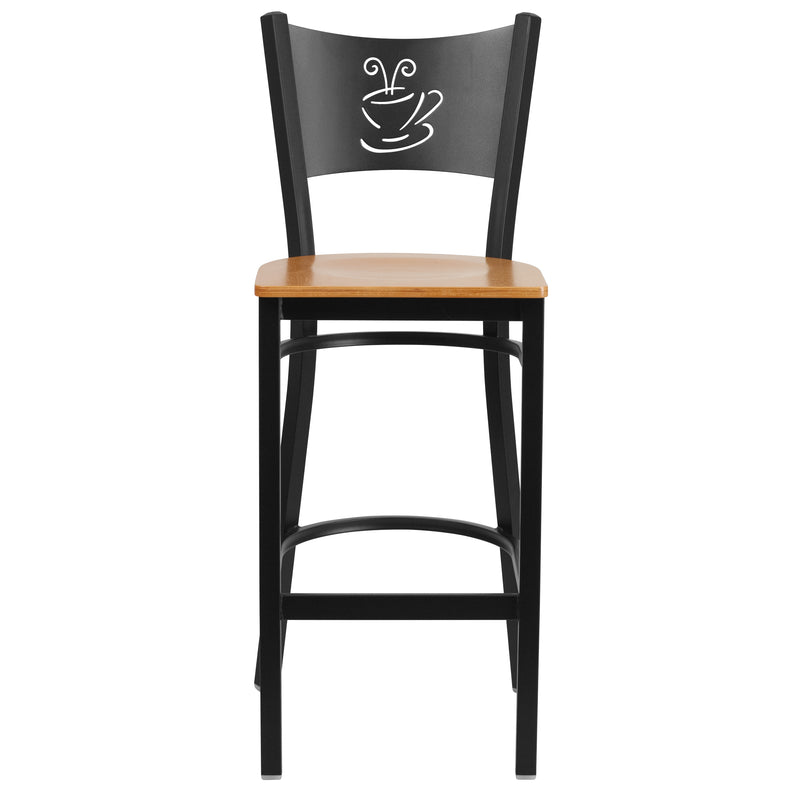 SINGLEWAVE Series Black Coffee Back Metal Restaurant Barstool - Natural Wood Seat