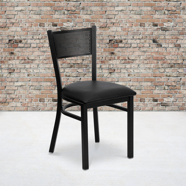 SINGLEWAVE Series Black Grid Back Metal Restaurant Chair - Black Vinyl Seat