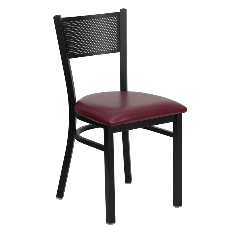 SINGLEWAVE Series Black Grid Back Metal Restaurant Chair - Burgundy Vinyl Seat