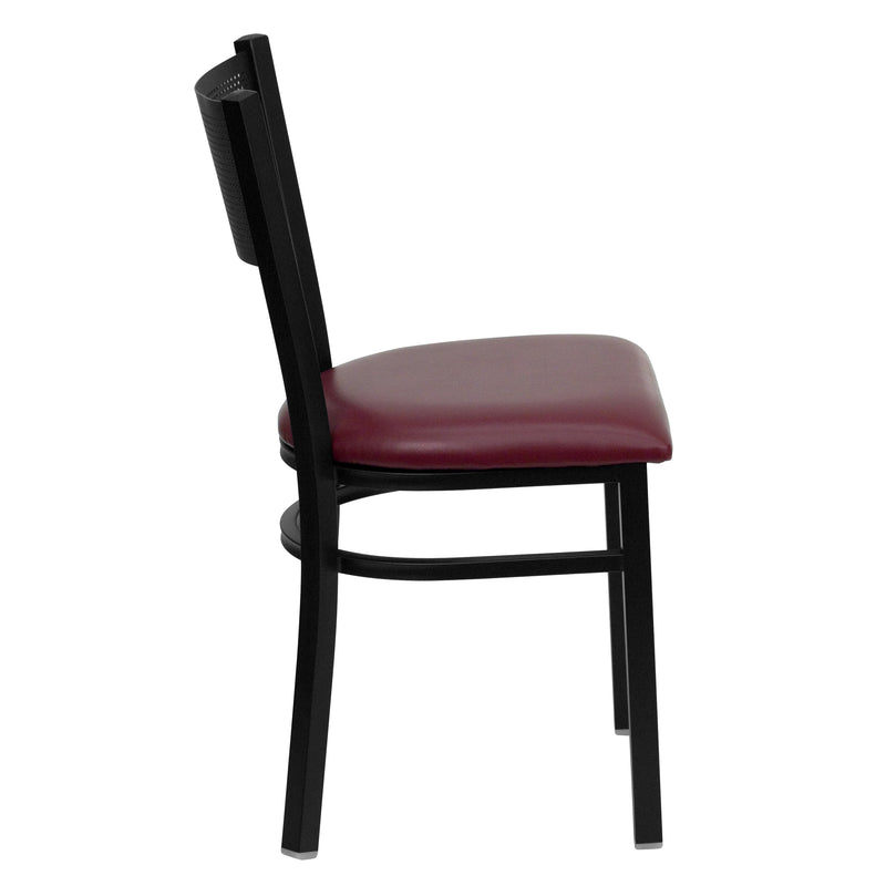 SINGLEWAVE Series Black Grid Back Metal Restaurant Chair - Burgundy Vinyl Seat