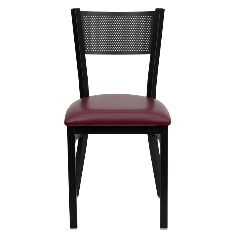 SINGLEWAVE Series Black Grid Back Metal Restaurant Chair - Burgundy Vinyl Seat