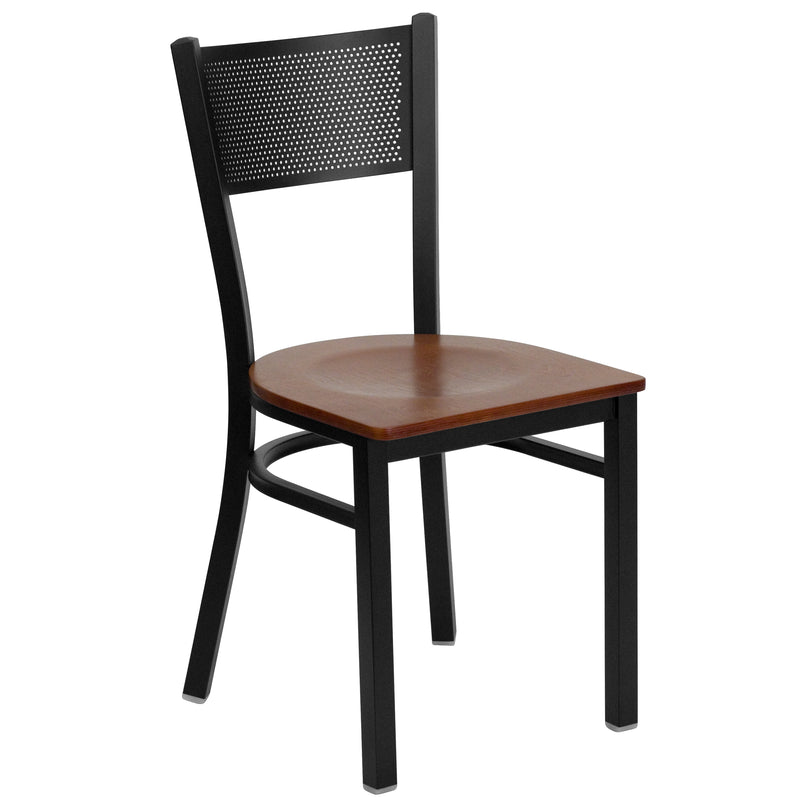 SINGLEWAVE Series Black Grid Back Metal Restaurant Chair - Cherry Wood Seat