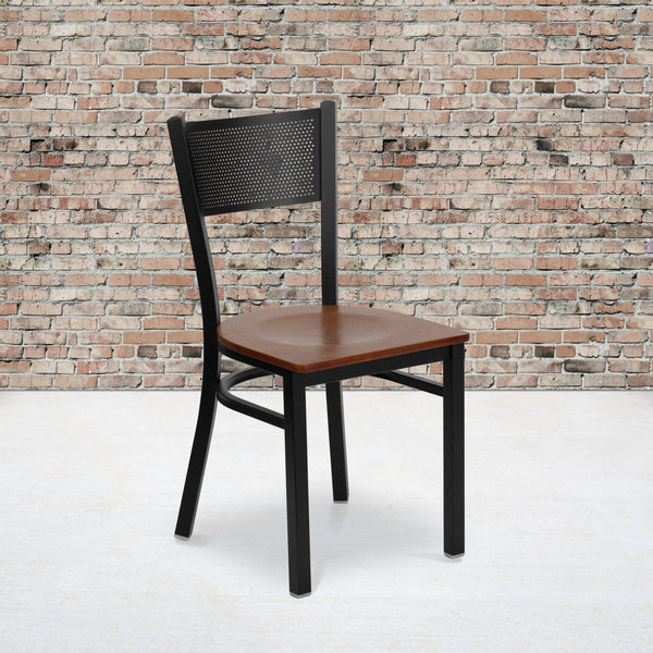 SINGLEWAVE Series Black Grid Back Metal Restaurant Chair - Cherry Wood Seat