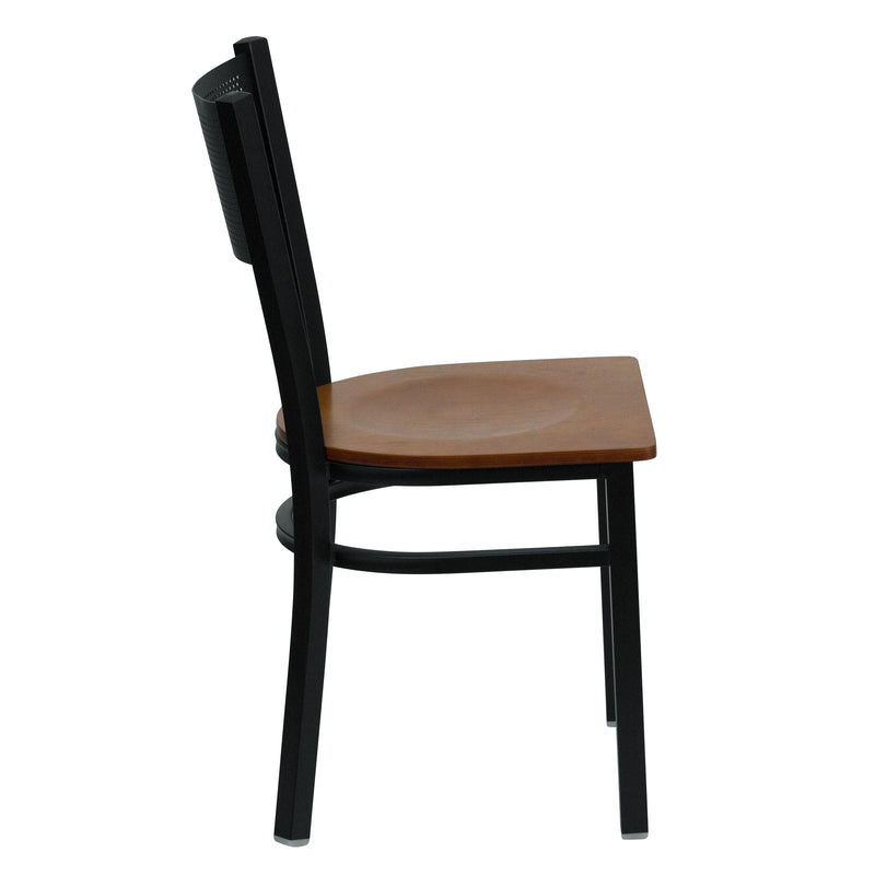 SINGLEWAVE Series Black Grid Back Metal Restaurant Chair - Cherry Wood Seat