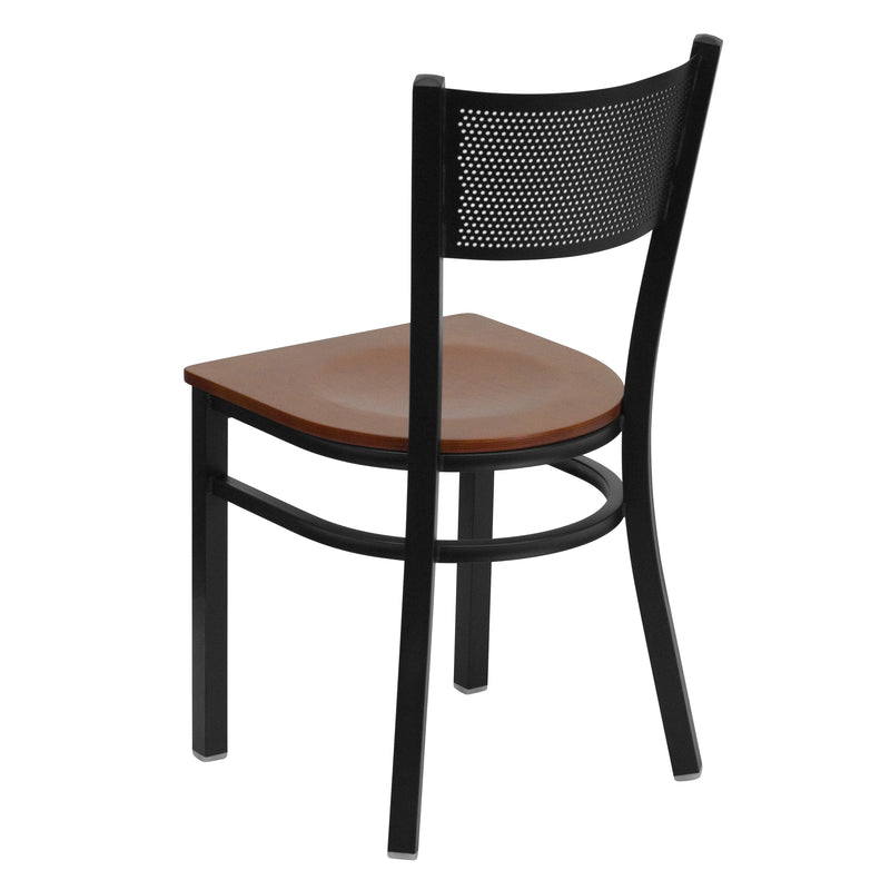 SINGLEWAVE Series Black Grid Back Metal Restaurant Chair - Cherry Wood Seat