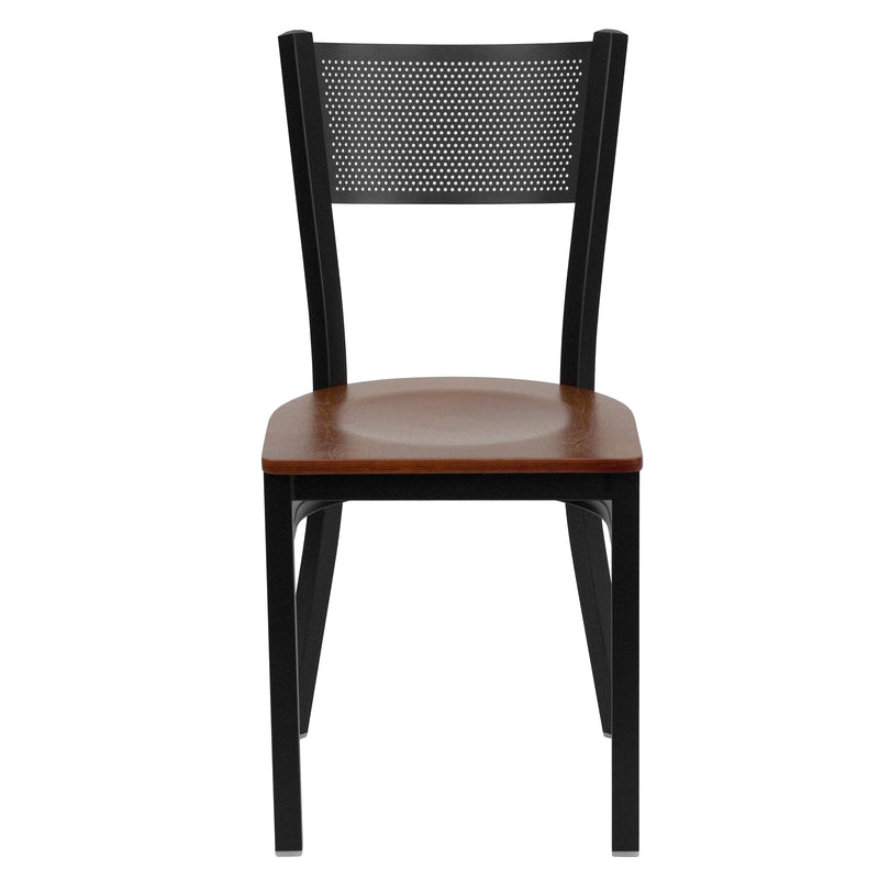 SINGLEWAVE Series Black Grid Back Metal Restaurant Chair - Cherry Wood Seat